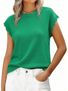 Women's Green Summer Cap Sleeve Lightweight Knit Sweater Soft Scallop Top
